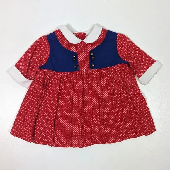 Vintage Kate Greenaway Dress Baby Girls Size 12m Red Polka Dot - Picture 1 of 5
